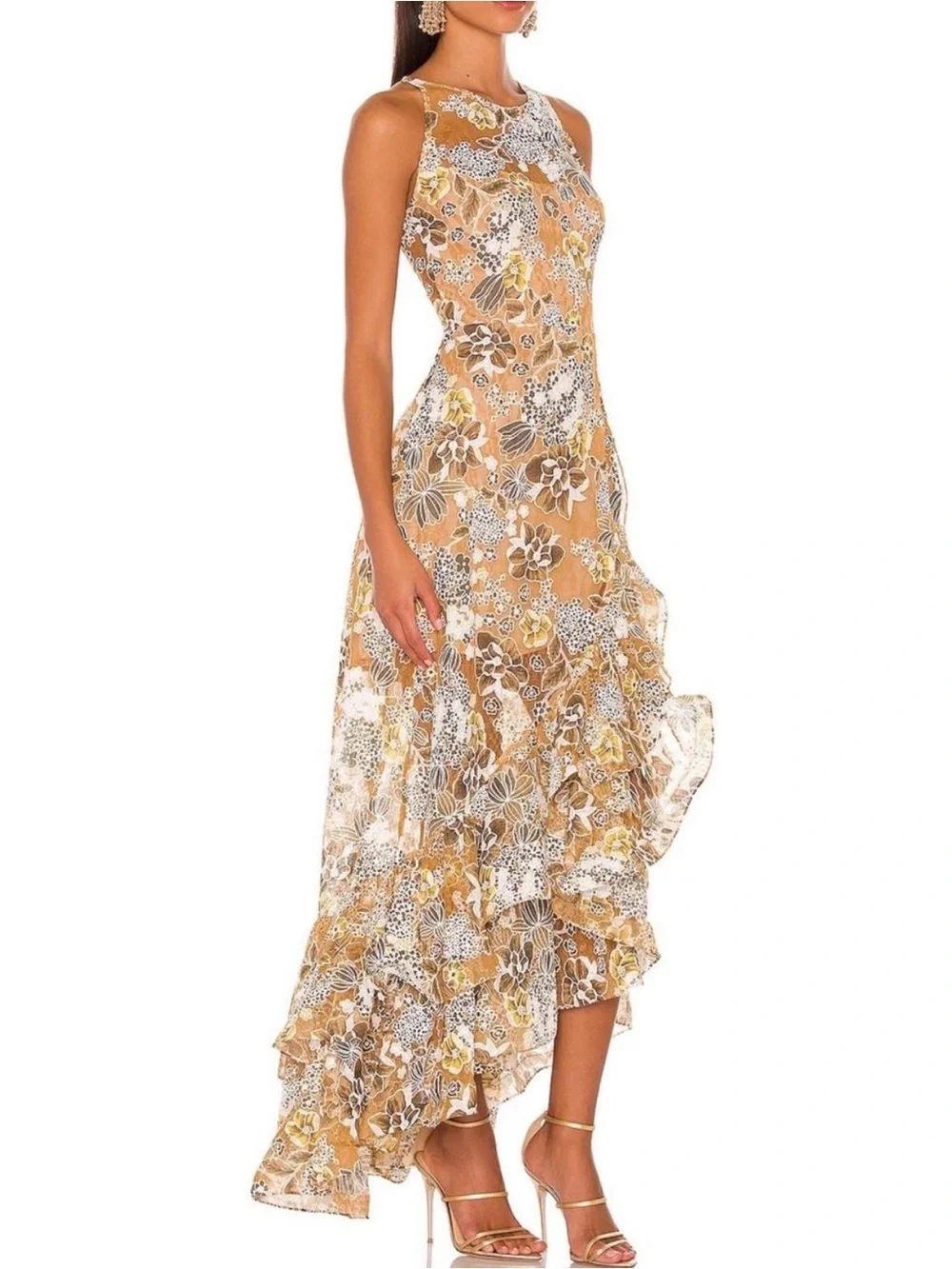Bronx & Banco Floral Lace Asymmetrical Ruffle Maxi Dress XS - Picture 2 of 13
